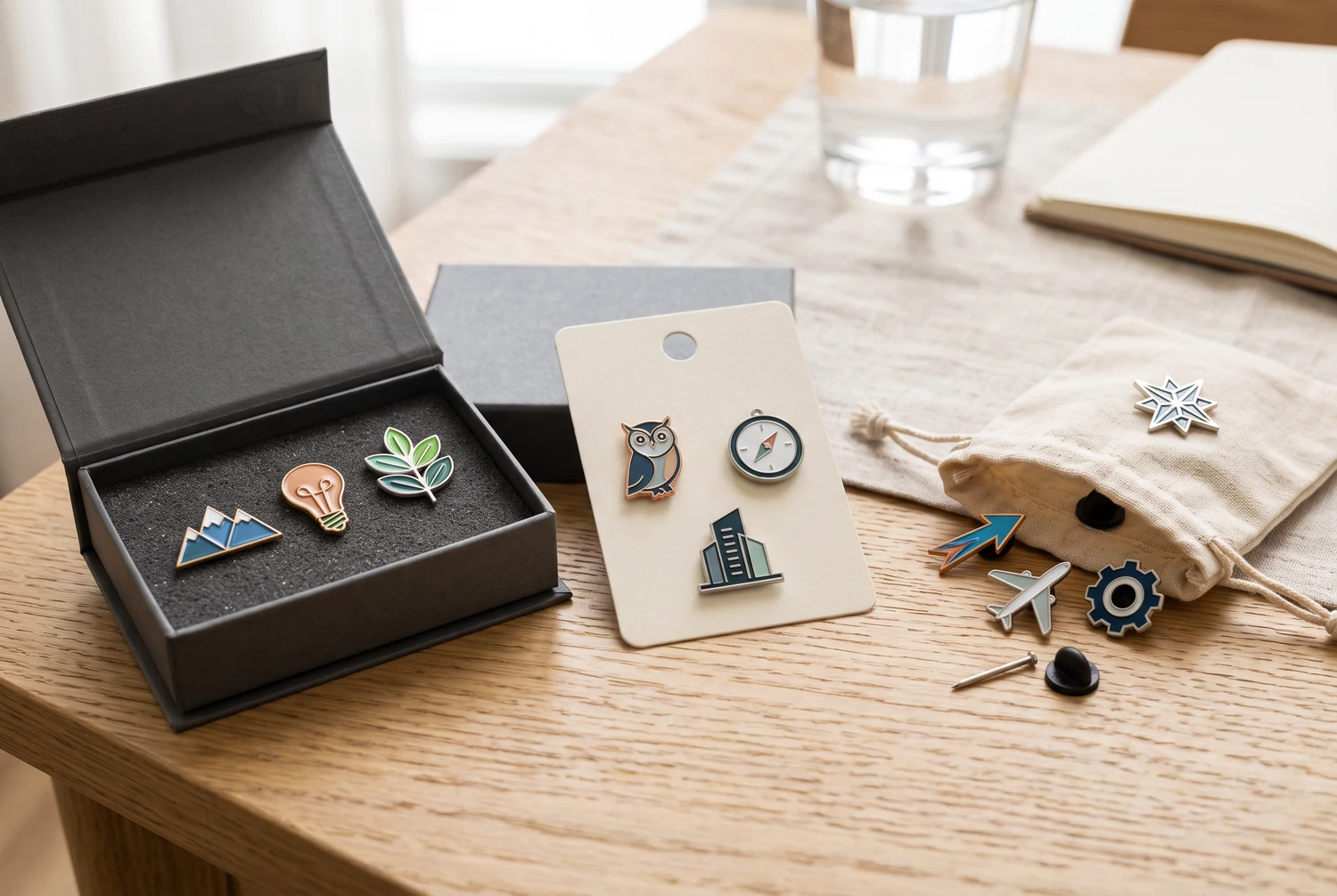 Verschiedene Emaille-Pins in einer offenen Präsentationsbox, auf einer Rückenkarte und neben einem Stoffbeutel