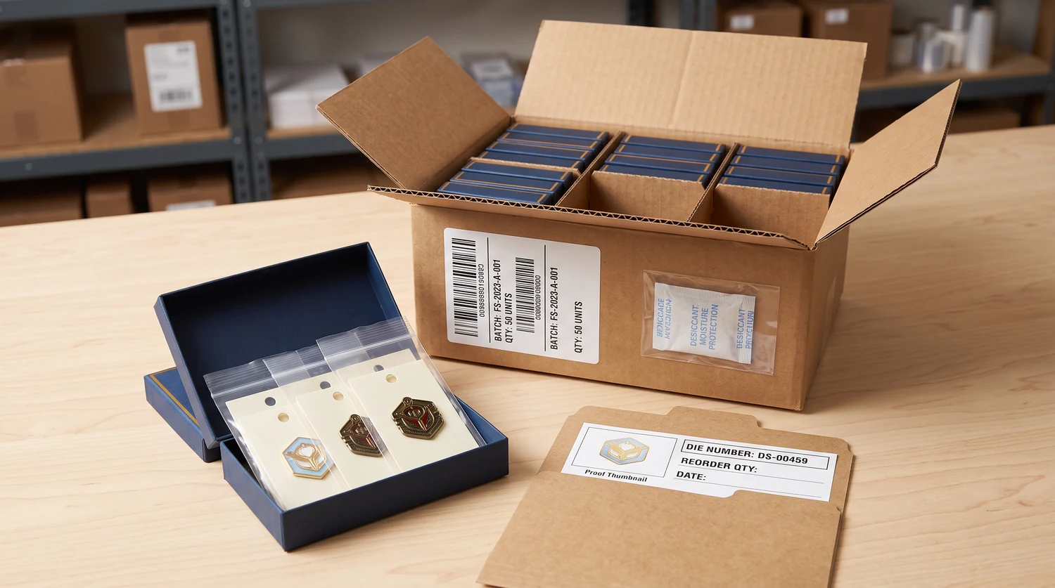 Geöffnete Präsentationsbox mit Anstecknadeln, ein Karton mit blauen Boxen und ein beschrifteter Produktordner