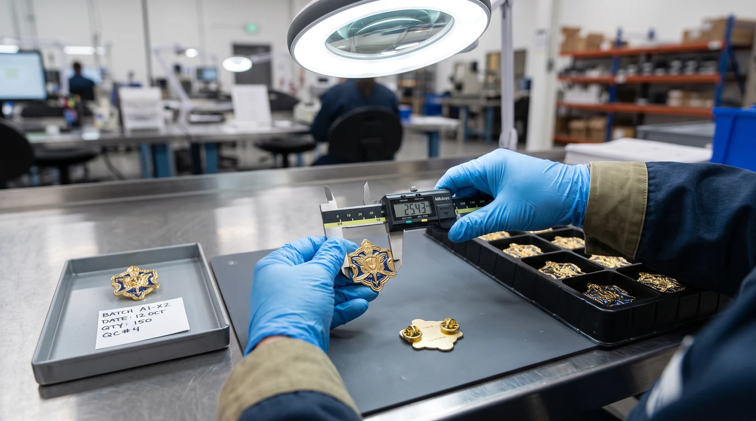 Mitarbeiter mit blauen Handschuhen misst eine goldfarbene Anstecknadel mit einer digitalen Schieblehre unter einer Lupenlampe