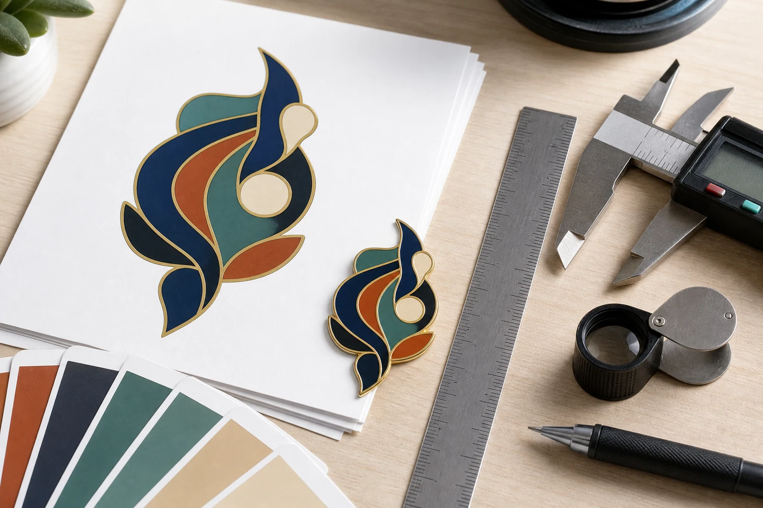 Designer prüft vor der Pin-Produktion Vektorpfade, Pantone-Angaben, Linienstärken, Schriftgröße und Stiftpositionen