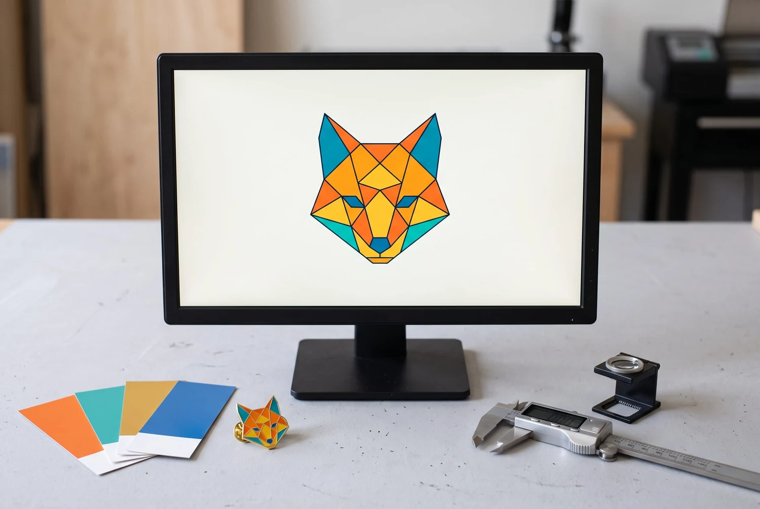 Geometrische Fuchs-Grafik auf einem Monitor mit Farbmustern, daneben ein passender Pin und Messwerkzeuge auf dem Schreibtisch