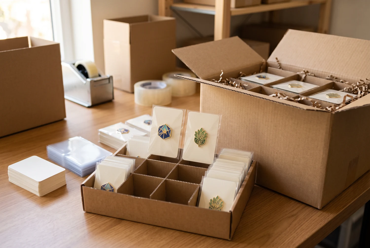 Individuelle Emaille-Pins auf Trägerkarten verpackt für Versand, Wareneingang, Verkaufsprüfung und Nachbestellungsplanung