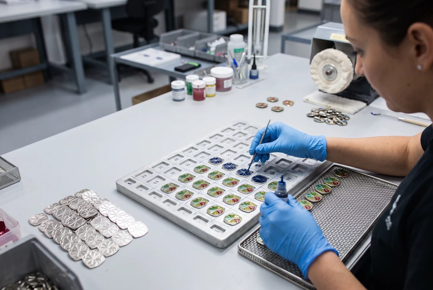 Arbeiterin in blauen Handschuhen trägt Farbe auf Pins auf, die in einer Schale an einer Werkbank angeordnet sind