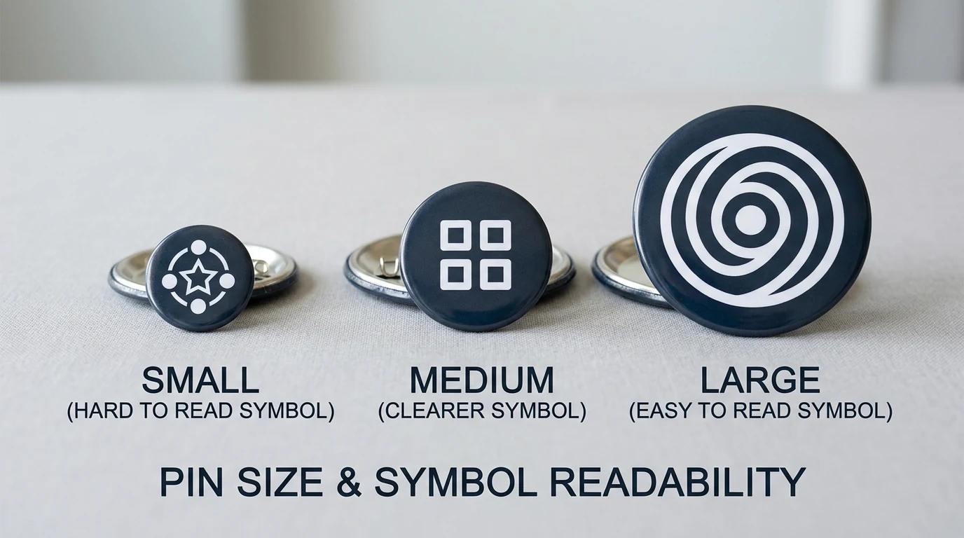 Vergleich von Ansteckbuttons mit one inch, one and a half inch, two and a quarter inch und three inch sowie gut lesbaren Motiven
