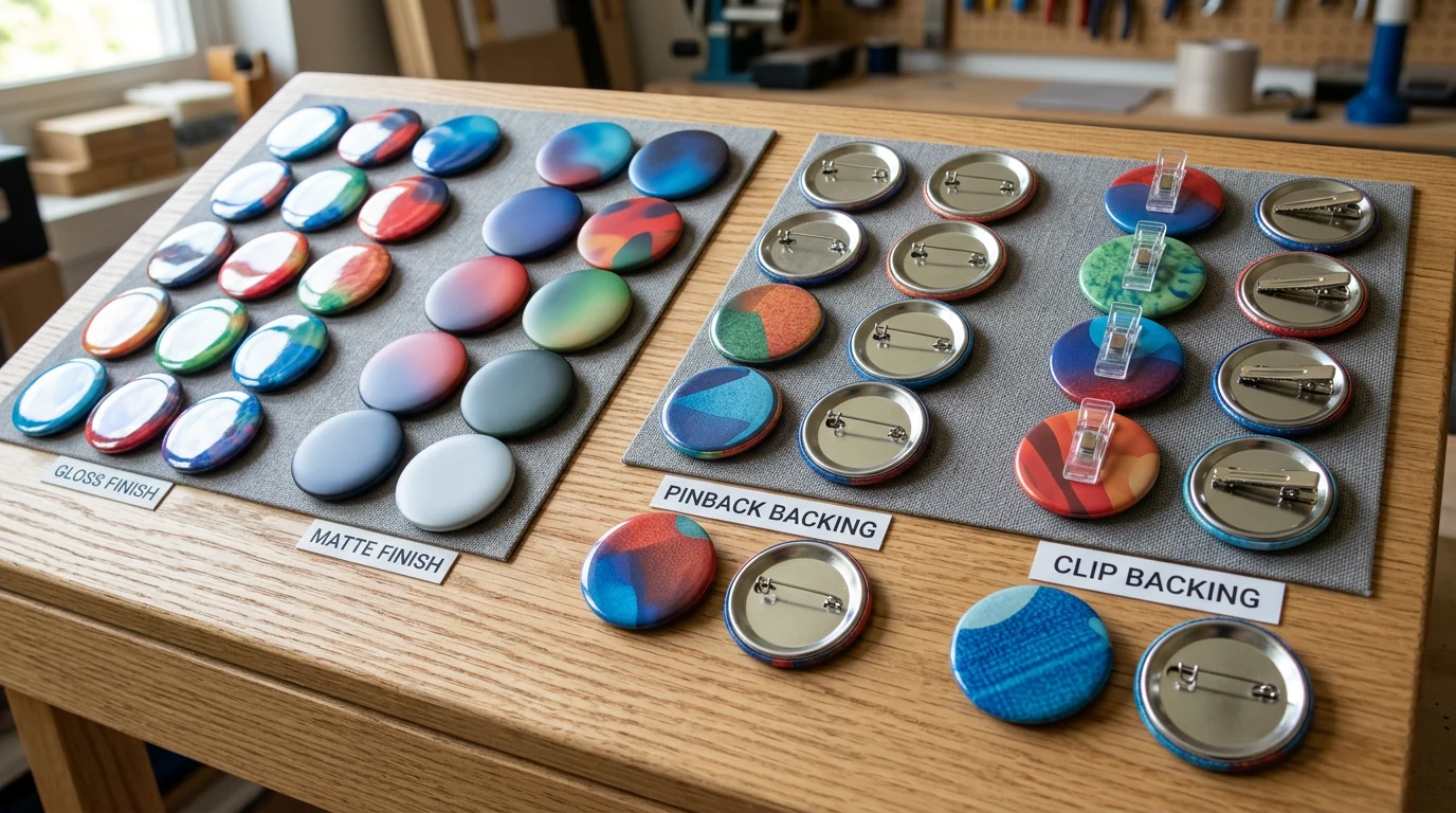 Glänzende und matte individuelle Buttons neben Optionen mit Standardnadel, Kleidungsmagnet, Bulldog-Clip und Kühlschrankmagnet
