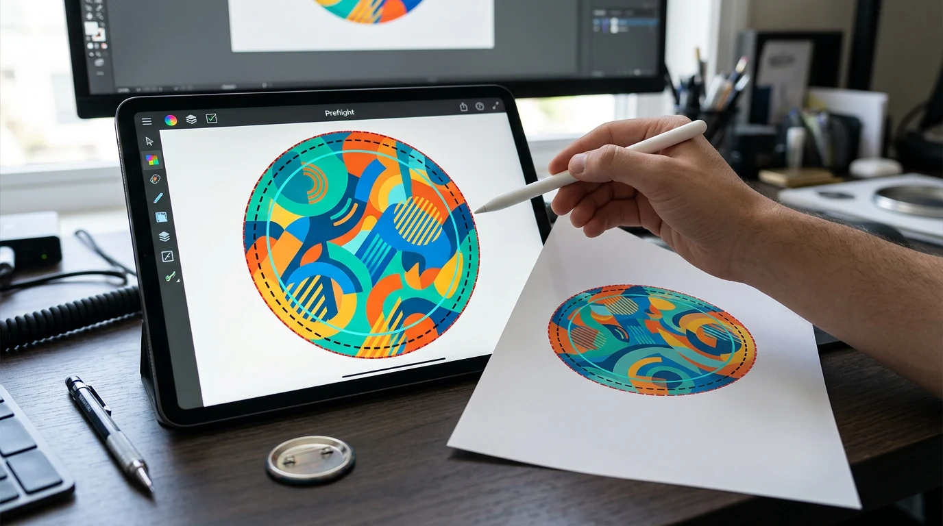 Designer prüft Druckdaten für individuelle Buttons auf 300 DPI Auflösung, CMYK-Farbe, Beschnitt, Sicherheitsbereich und Versionsnummer