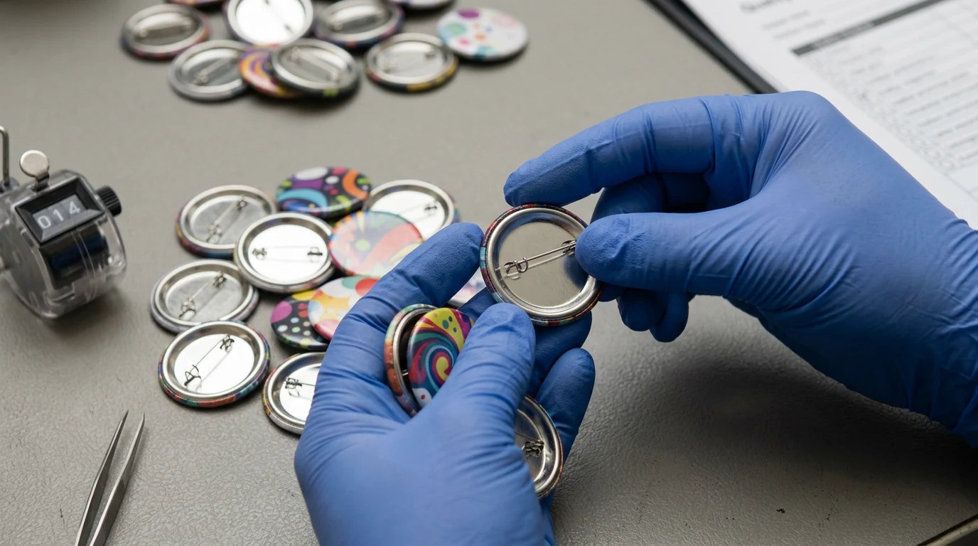 Qualitätsprüfpunkte für bedruckte Ansteckbuttons in großen Mengen Qualitätsprüfer kontrolliert Druckschärfe, zentriertes Motiv, glatte gebördelte Ränder und sichere Nadelrückseiten an individuellen Buttons