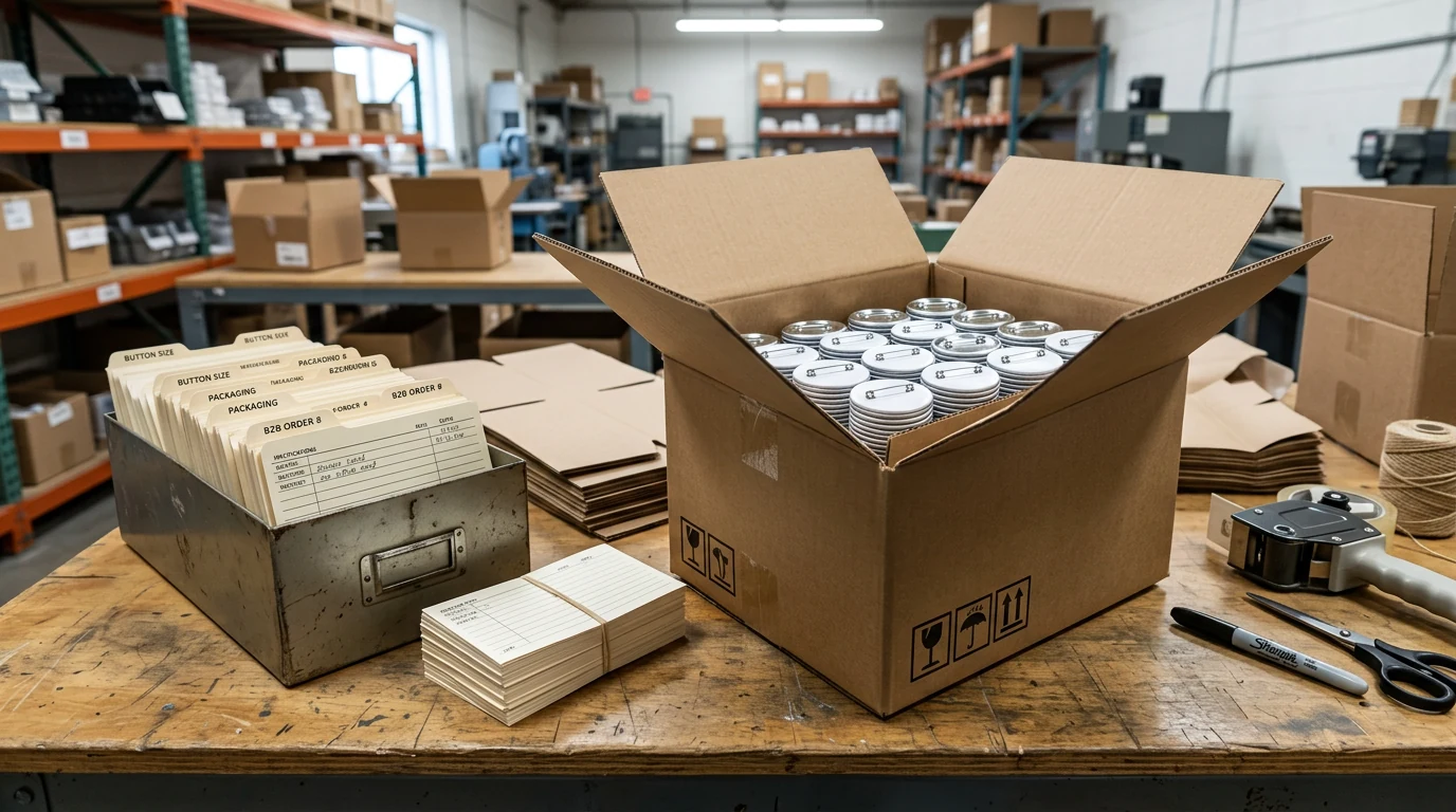 Nach Design getrennte individuelle Ansteckbuttons in Schutzbeuteln und beschrifteten Kartons für Versand, Fulfillment und einfache Nachbestellung