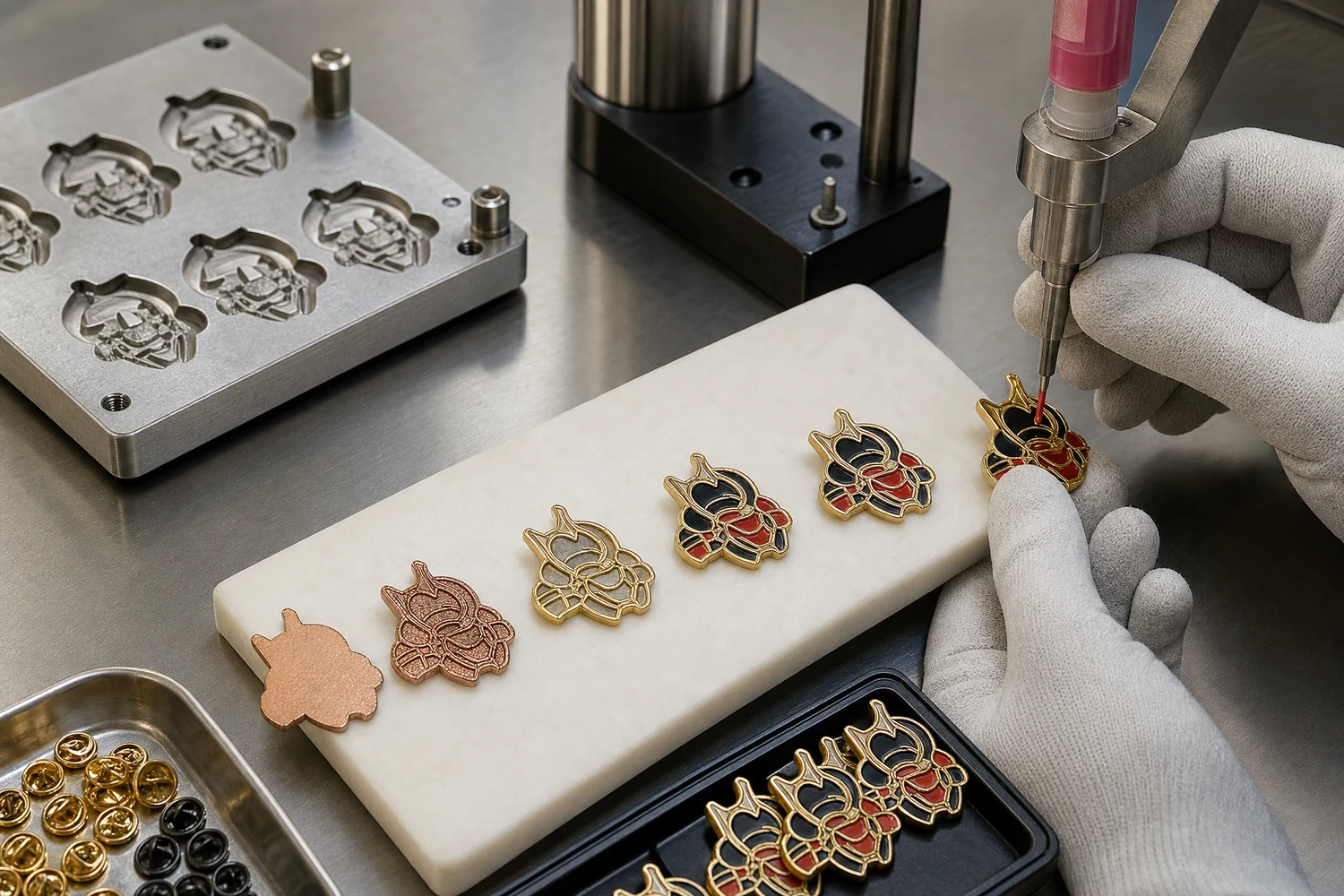 Fabrikablauf für Soft-Emaille-Pins von Metallwerkzeugen und Galvanisierung bis zur Farbfüllung und Aushärtung