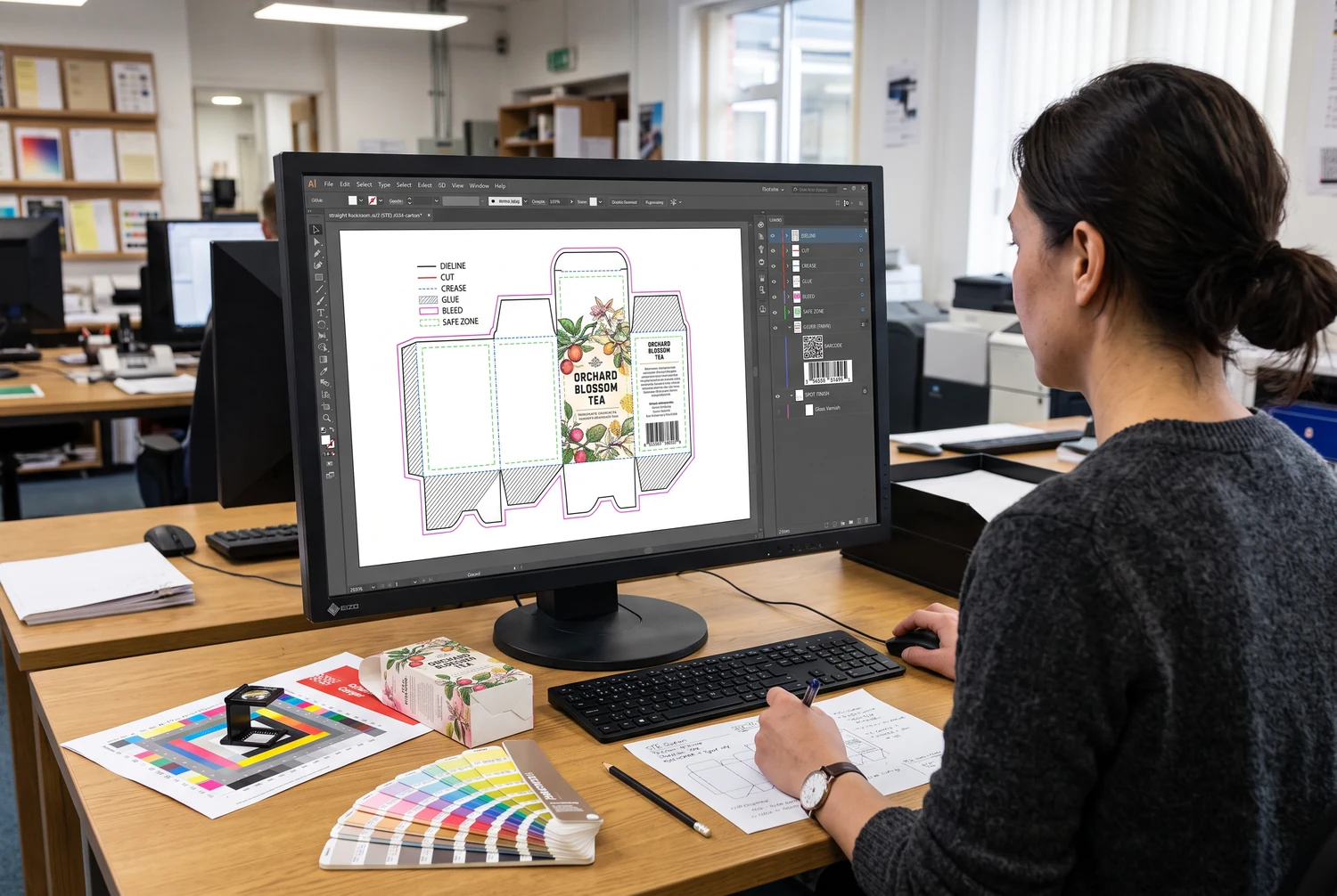 Ein Designer betrachtet auf einem Monitor den Stanzplan einer bedruckten Faltschachtel neben Farbmustern