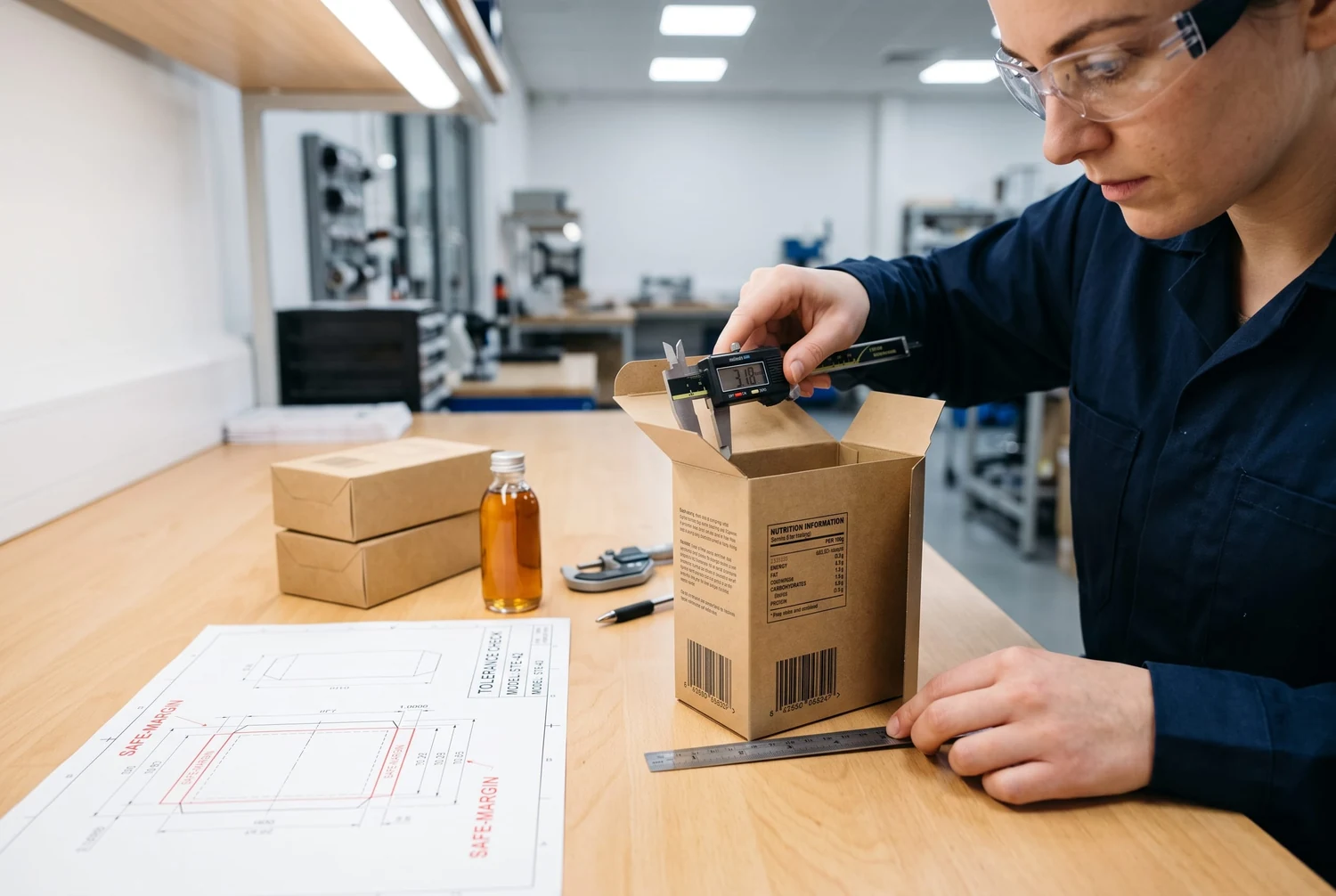Verpackungsingenieur misst die Produktpassform und prüft Barcode- und Etikettenlesbarkeit auf einer Faltschachtel mit gleichgerichteten Einstecklaschen