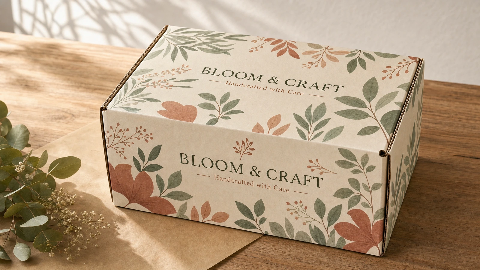 Geschlossener Versandkarton mit botanischem Druckmotiv Geschlossener Versandkarton mit botanischem Druckmotiv auf Kraftpapier neben belaubten Zweigen