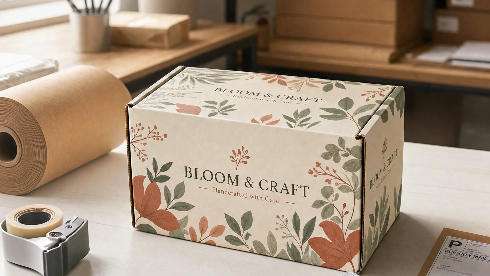 Bedruckter Versandkarton auf einem Packtisch Geschlossener Versandkarton mit botanischem Druckmotiv neben Kraftpapier und einem Klebebandabroller