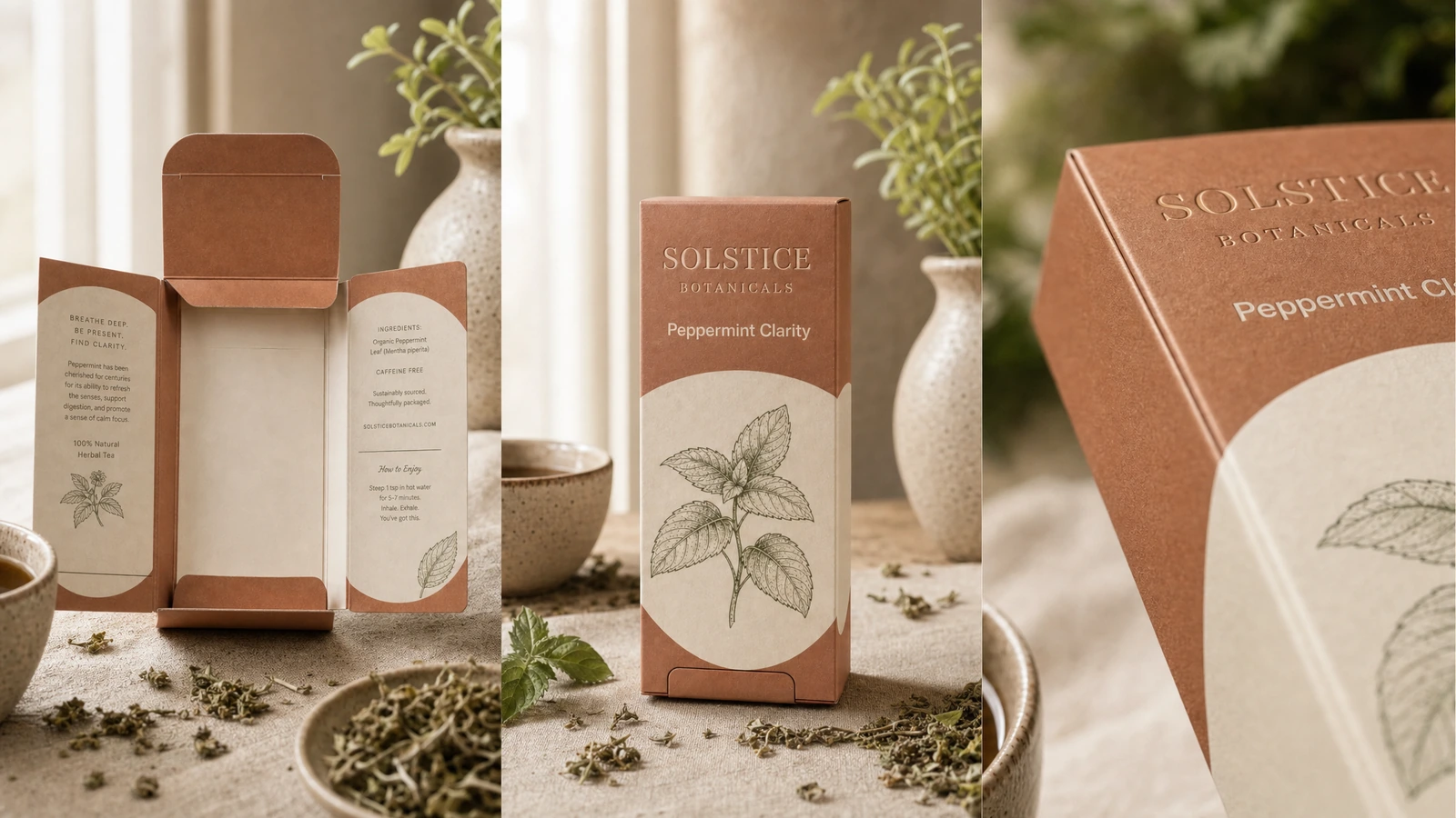 Struktur und Druckdetail der botanischen Faltschachtel 3-teilige Collage aus einer geöffneten Faltschachtel, einer geschlossenen Faltschachtel und einer Nahaufnahme einer bedruckten Oberfläche
