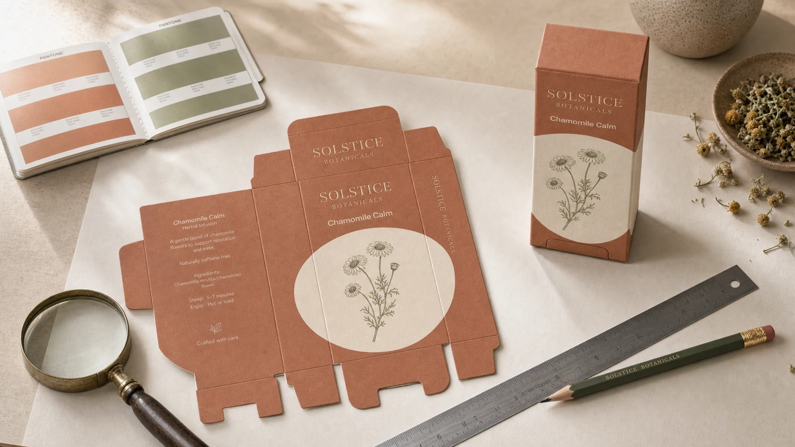 Druckmotiv und Muster der botanischen Faltschachtel Bedruckter Faltschachtel-Zuschnitt neben einer passenden zusammengesetzten Faltschachtel, Farbmustern, Lineal und Lupe