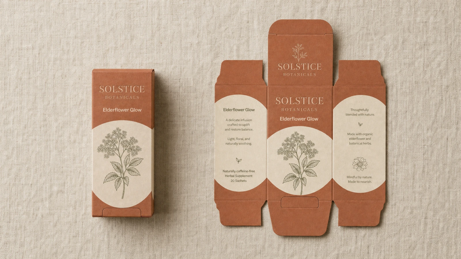 Botanische Faltschachtel und aufgefalteter Zuschnitt Zusammengesetzte terrakottafarbene botanische Faltschachtel neben ihrem aufgefalteten bedruckten Zuschnitt
