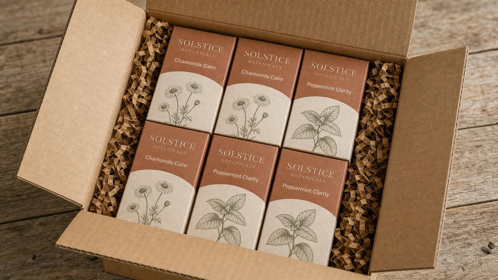 Faltschachteln, mit Papierpolsterung verpackt Sechs zusammengesetzte botanische Faltschachteln, verpackt in einem Wellpappkarton mit Papierpolsterung