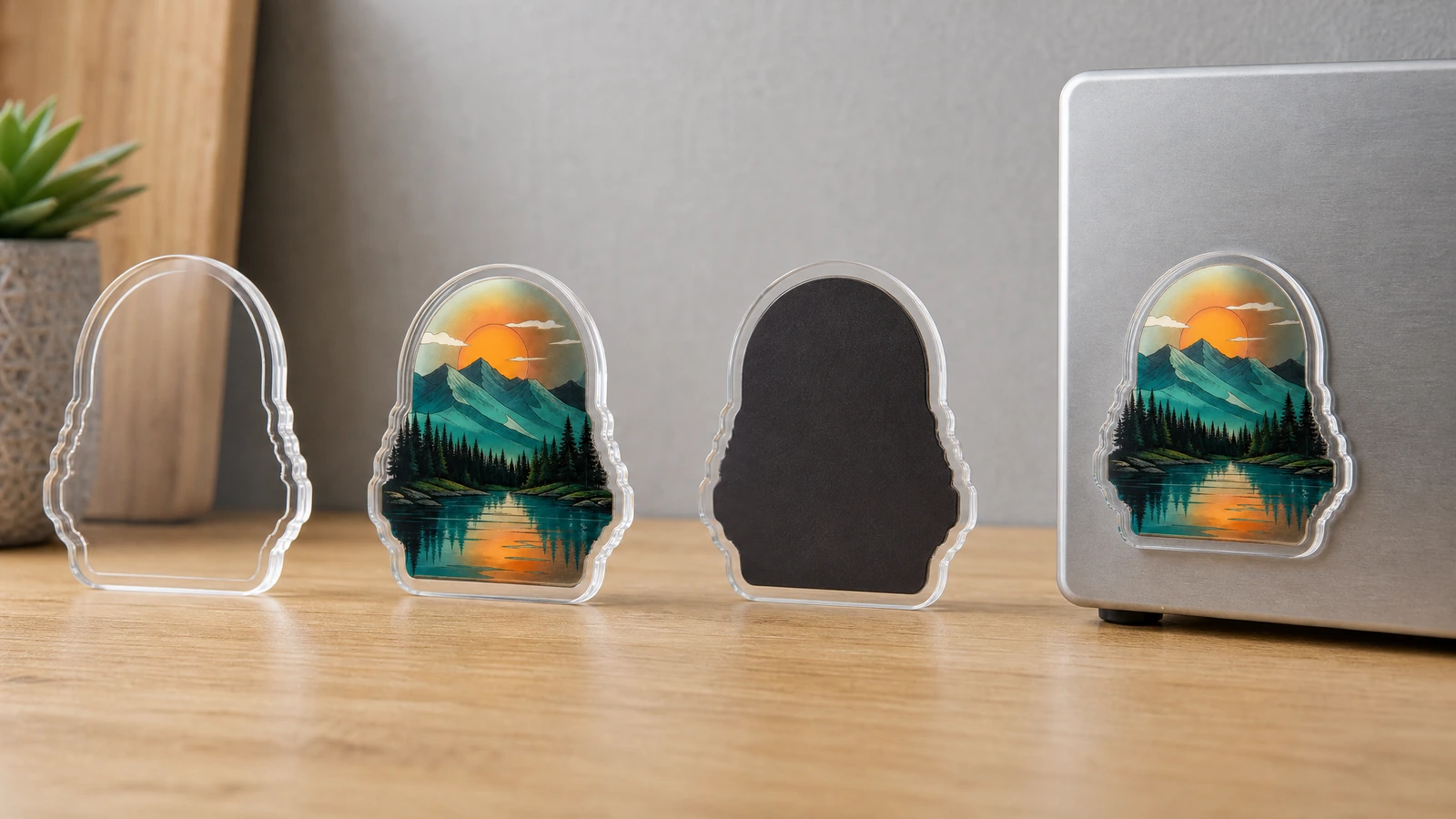 Klarer Acryl-Rohling, bedruckter querformatiger Magnet und schwarze Rückseite neben einer Ausstellungstafel