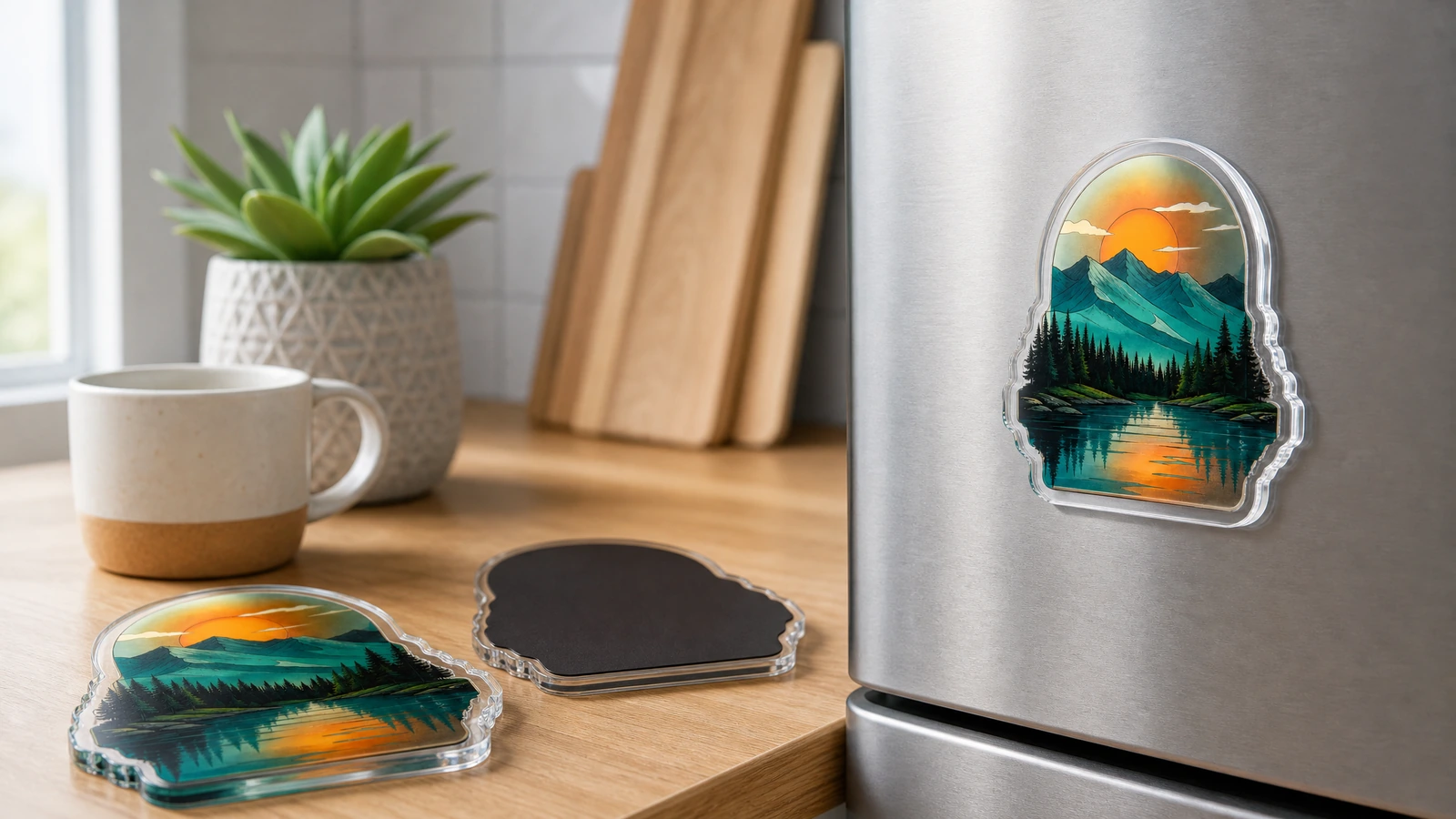 Querformatiger Acrylmagnet an einem Kühlschrank, mit Vorder- und Rückseiten-Beispielen auf der Arbeitsfläche