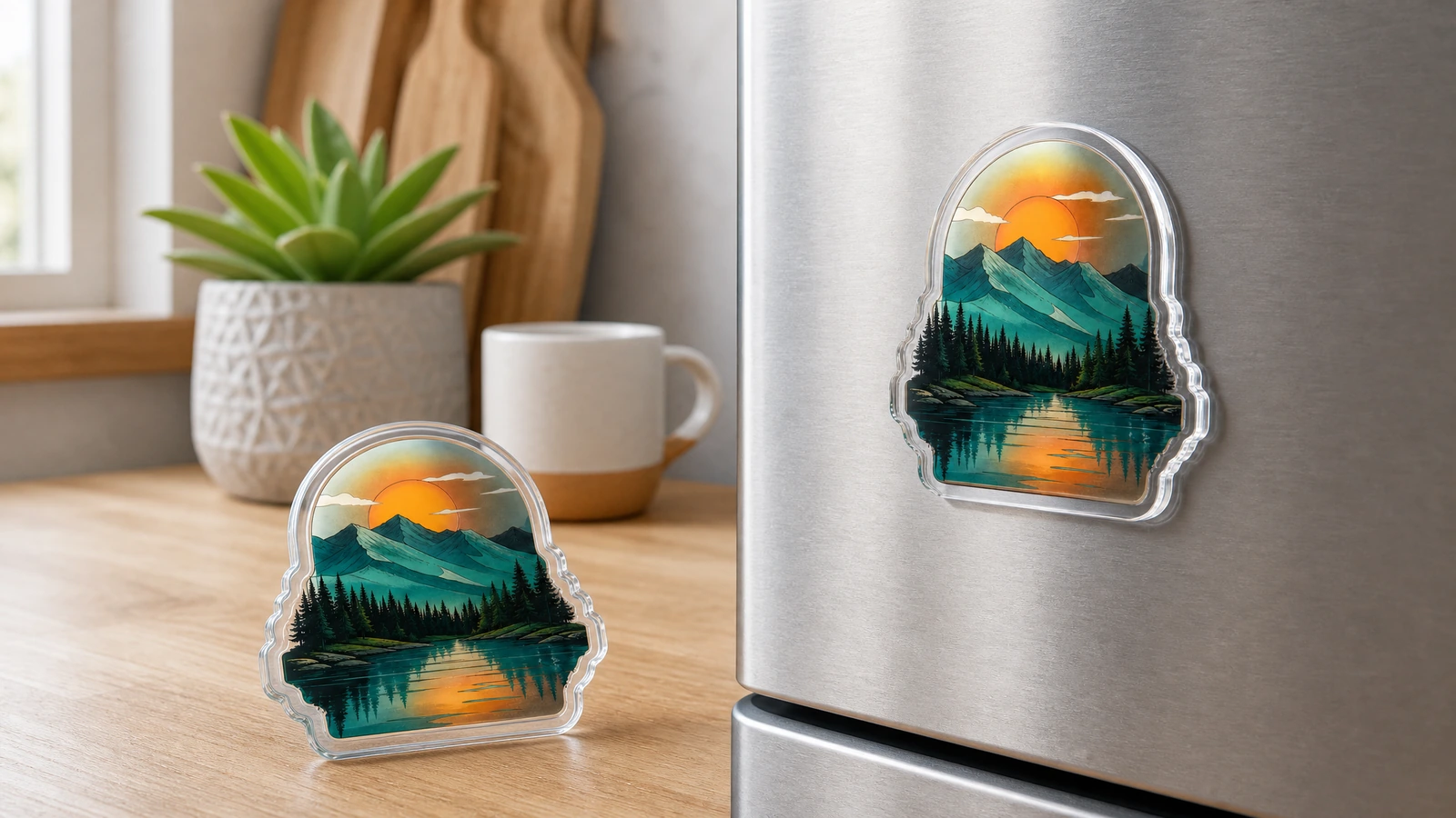 Querformatige Acrylmagnete, präsentiert auf einer Arbeitsplatte und einem Kühlschrank