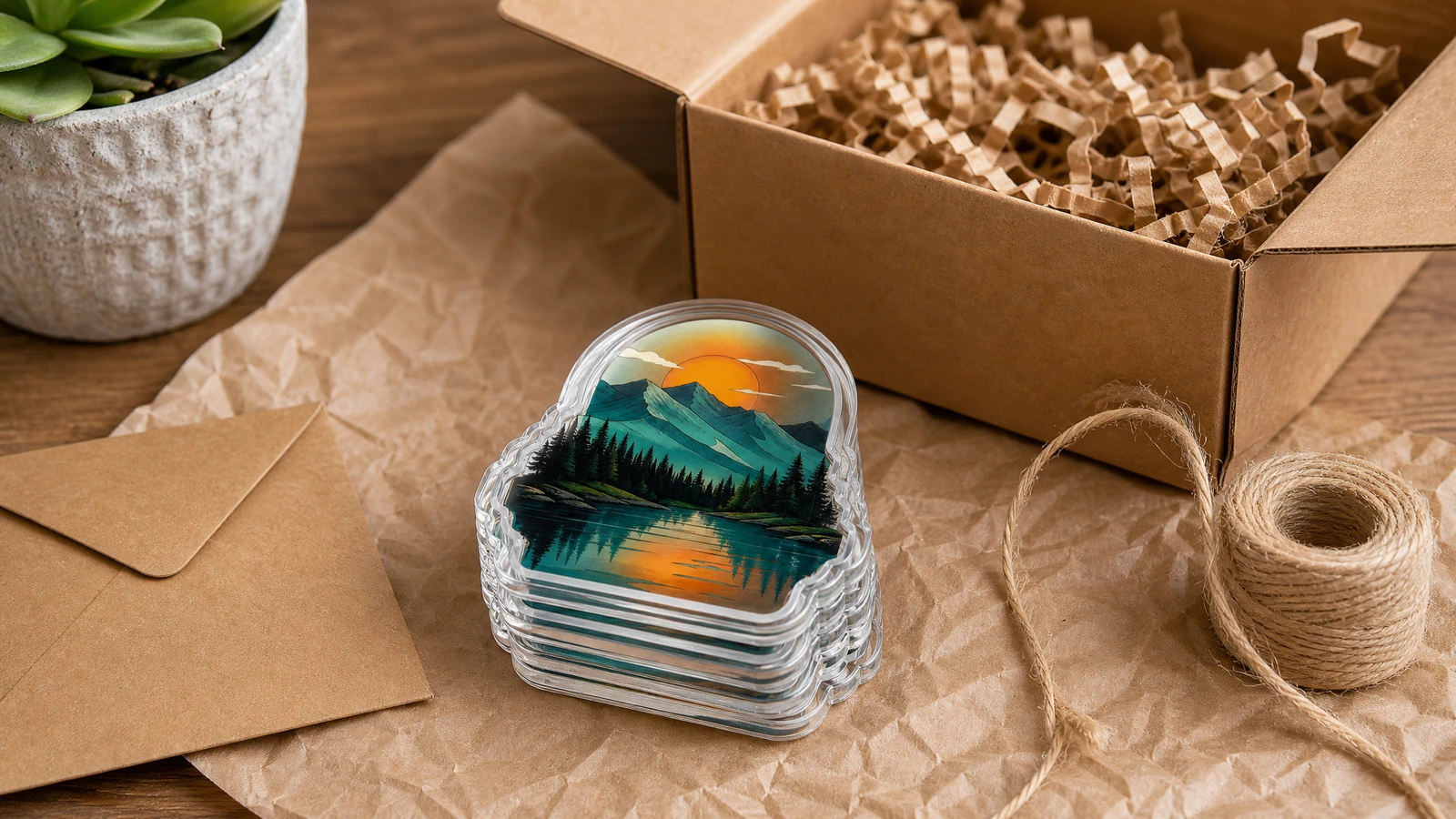 Stapel querformatiger Acrylmagnete neben einem braunen Karton, Papierpolsterung und Schnur