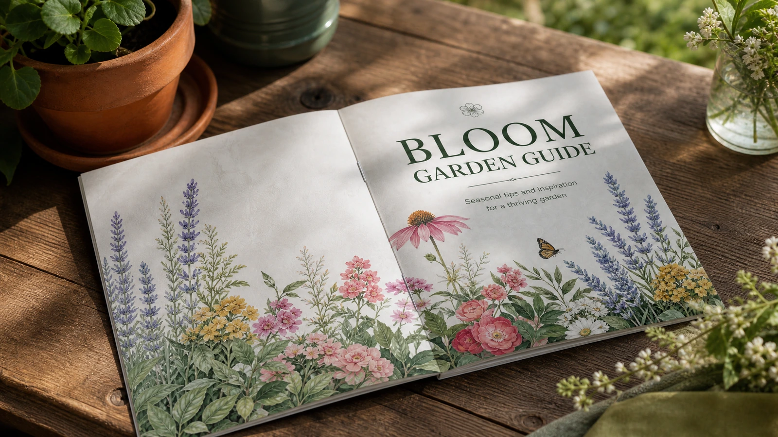 Umschlagdoppelseite des Gartenratgebers Geöffnete Umschlagdoppelseite des Gartenratgebers mit Blumenmotiv auf einem Holztisch