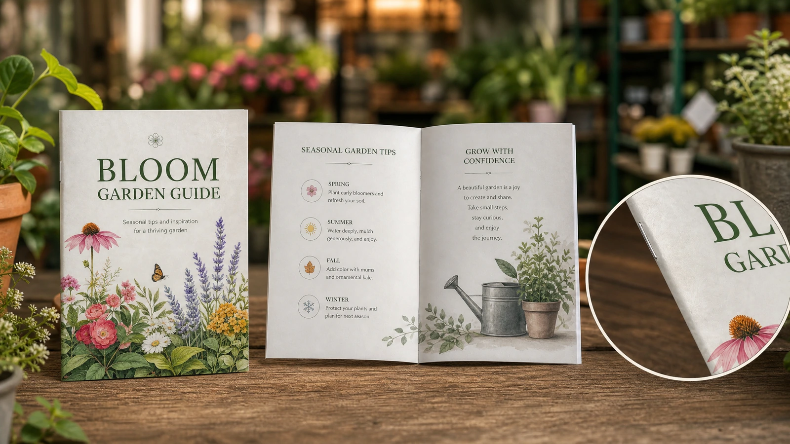 Präsentation und Seitendetail der Gartenratgeber-Broschüre Gartenratgeber-Broschüre: Umschlag und aufgeschlagenes Innenteil mit eingeblendeter Detailansicht der Seitenkante