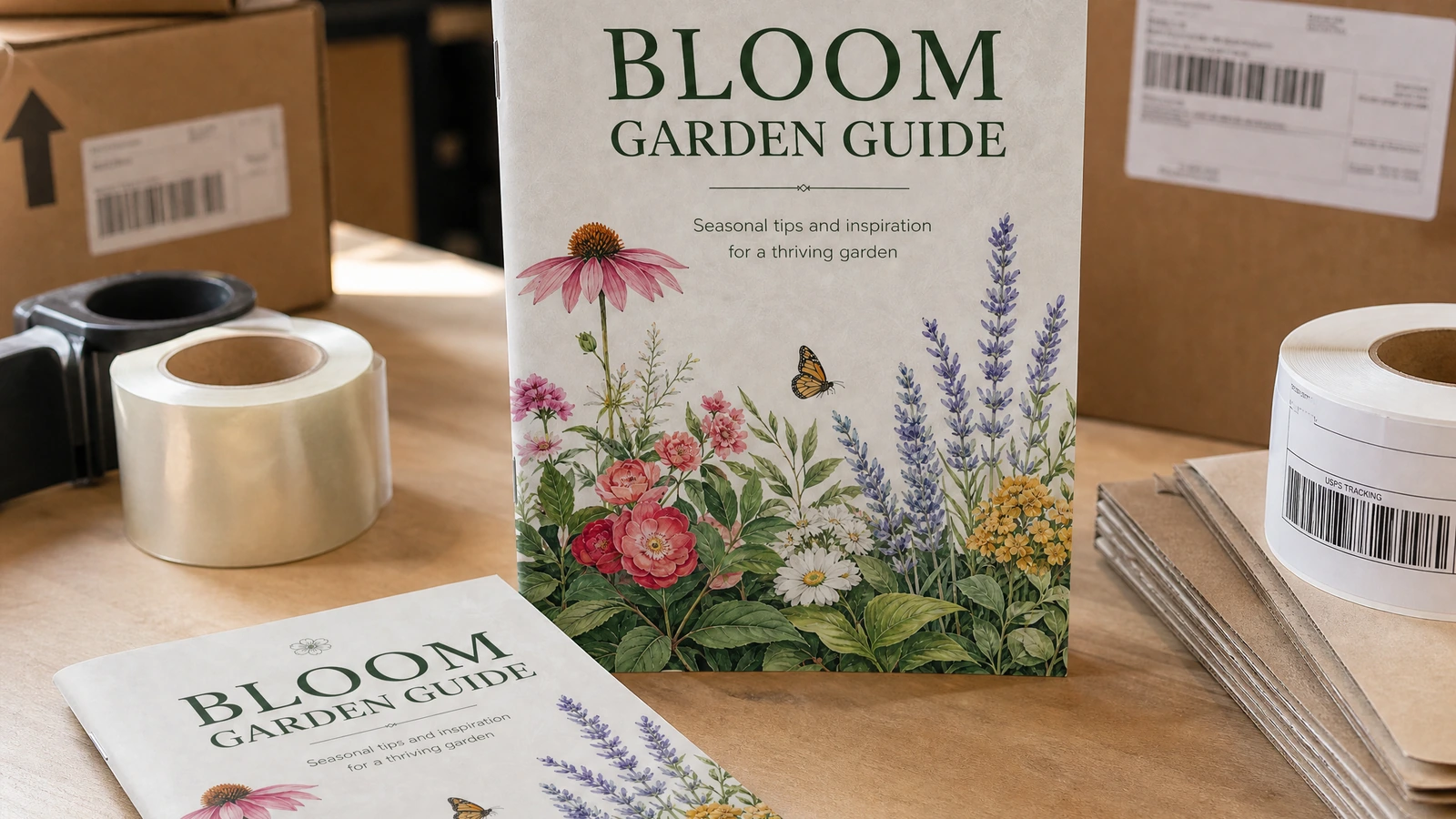 Verpackungsstation für Gartenratgeber-Broschüren Gartenratgeber-Broschüre an einer Verpackungsstation mit Kartons, Klebeband und Versandetiketten