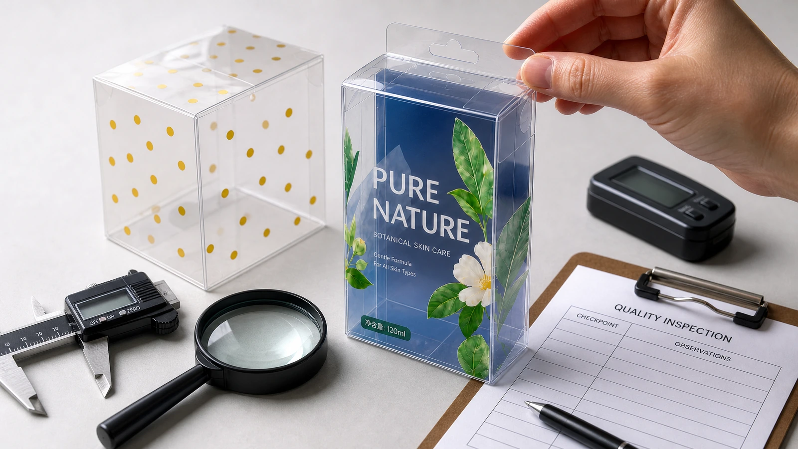 Konzept eines Prüfplatzes mit befüllter PET-Faltbox, Messwerkzeugen und Vergleich mit einem freigegebenen Muster