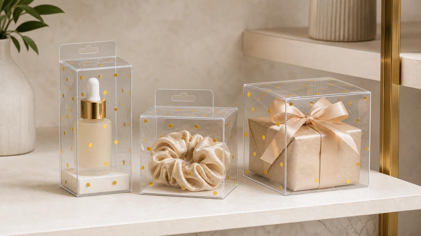 Konzept transparenter PET-Faltboxen für Kosmetik, Zubehör und verpackte Geschenke