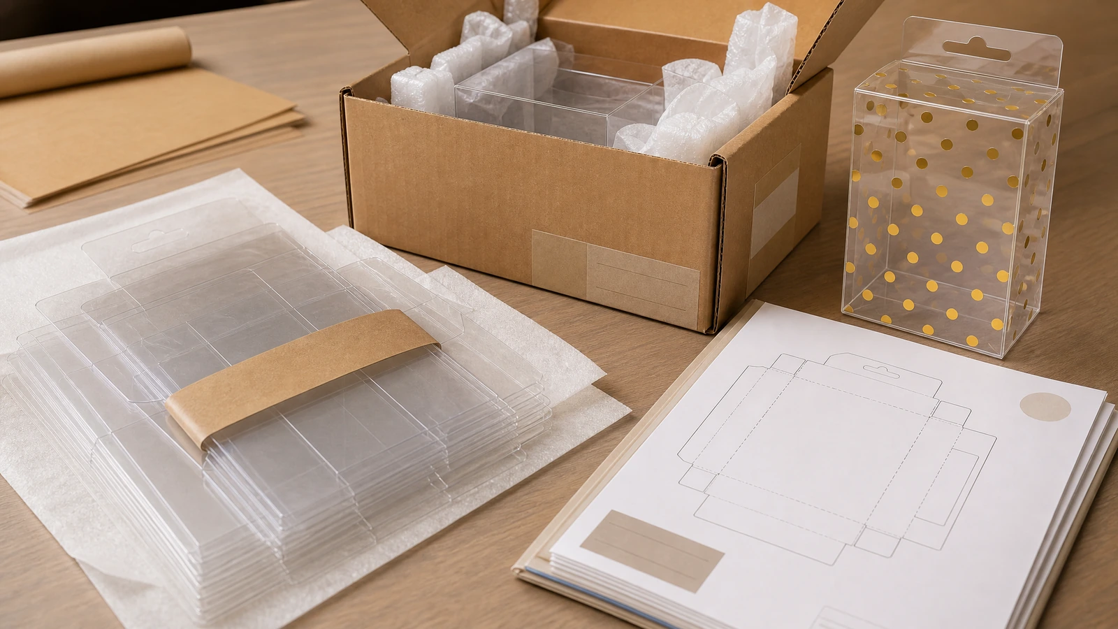 Konzeptbündel von PET-Faltboxen, Schutzverpackung, Umkarton und aufbewahrtem Folgeauftragsmuster