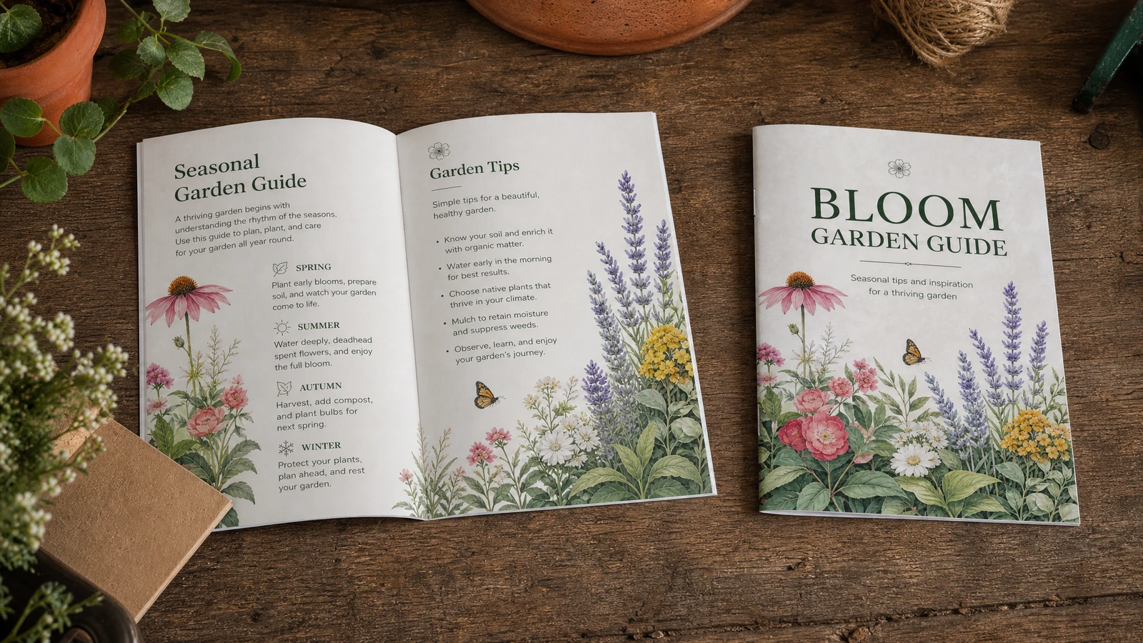 Gartenratgeber-Broschüre: Umschlag und Innenteil Gartenratgeber-Broschüre, aufgeschlagen neben ihrem Blumencover auf einem Holztisch