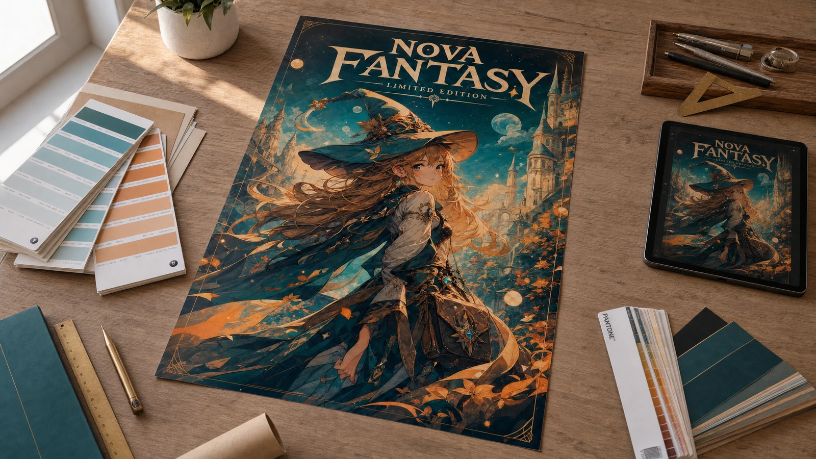 Fantasy-Poster auf einem Schreibtisch neben einem Tablet, Farbmustern und Zeichenwerkzeugen