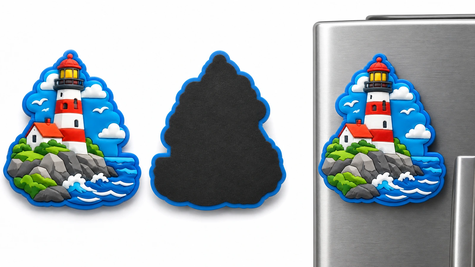 Ansichten des Leuchtturm-Magneten und Kühlschrank-Display Leuchtturm-Magnet, Vorder- und Rückseite neben einer Kühlschrank-Displayansicht