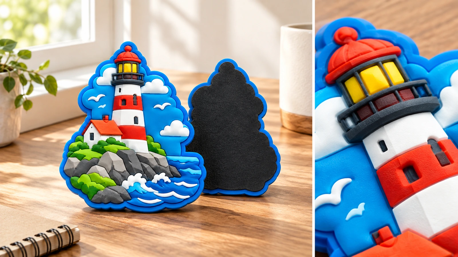 Leuchtturm-Magnet: Vorder- und Rückseite sowie Reliefdetails Leuchtturm-Magnet, Vorder- und schwarze Rückseite auf einem Tisch neben einer Nahaufnahme des Leuchtturm-Reliefs