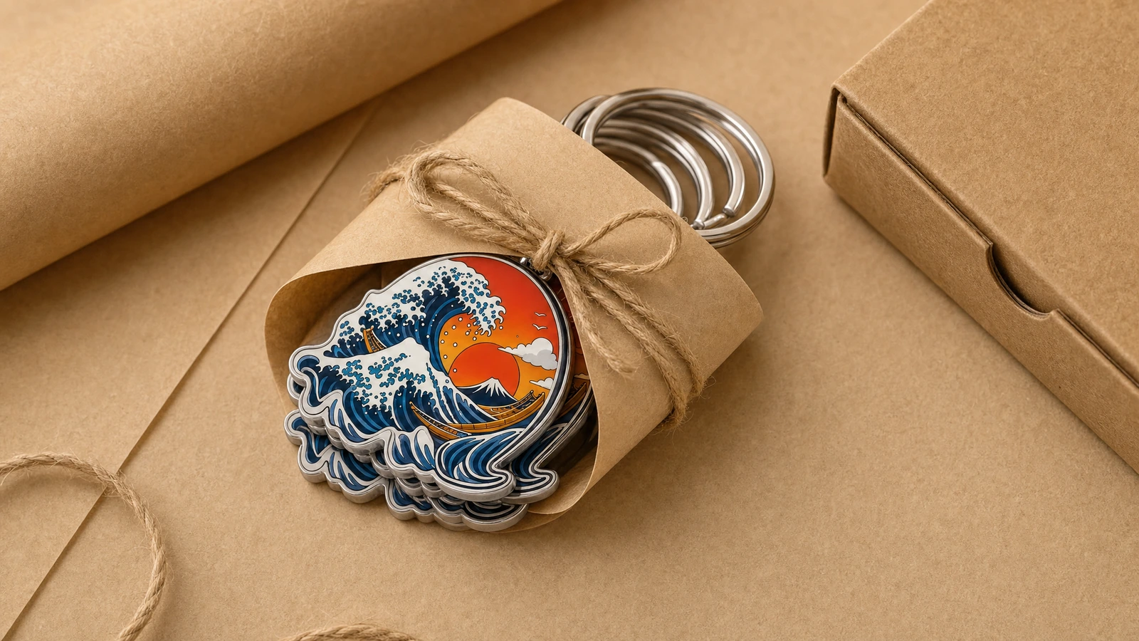 Gestapelte Schlüsselanhänger mit Wellendesign, in Kraftpapier und Bindfaden verpackt, neben einem Karton