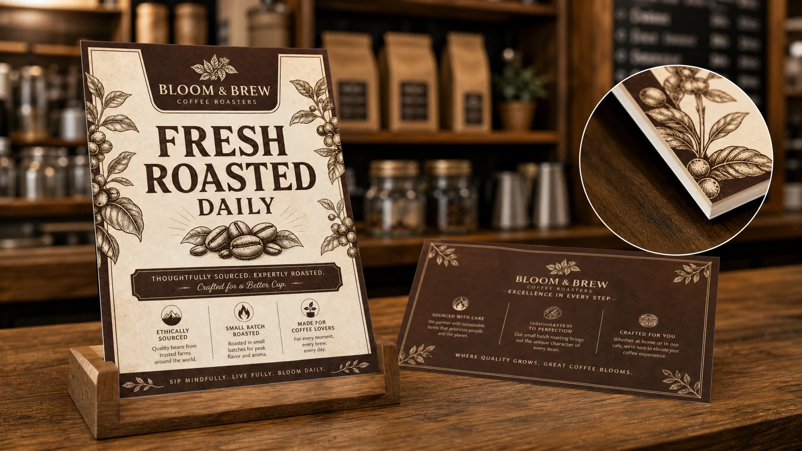 Präsentation eines Kaffee-Flyers mit eingesetzter Kantendetailansicht Beispielhafter Kaffee-Flyer in einem Holzhalter neben einer passenden horizontalen Karte und einer eingesetzten Detailansicht der Kante