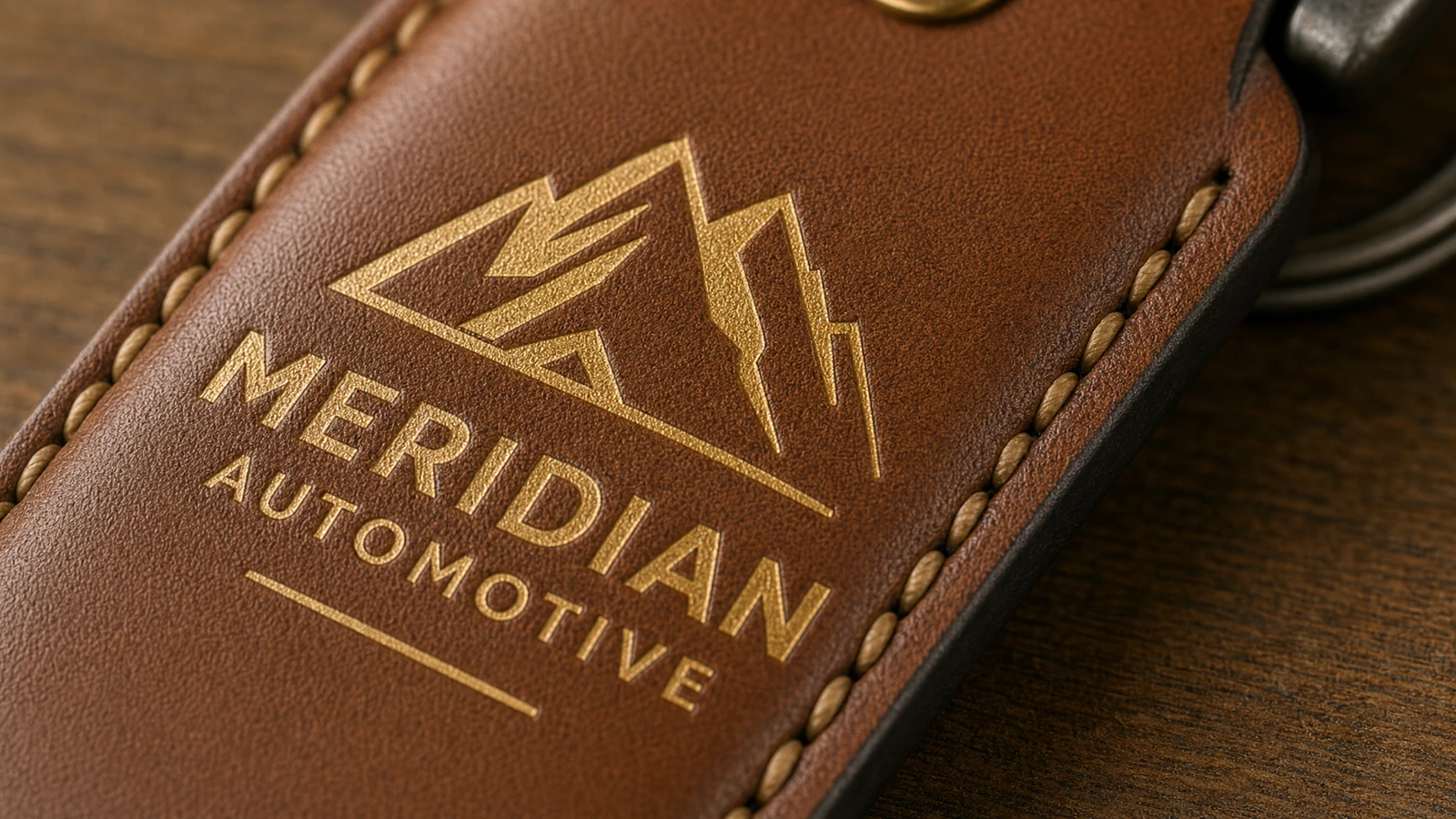 Nahaufnahme eines braunen Schlüsselanhängers mit Steppnaht, goldfarbenem Bergemblem und dem Schriftzug Meridian Automotive