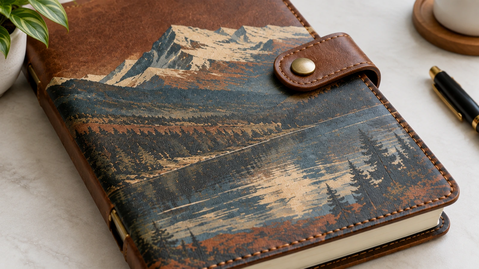 Illustrative Nahaufnahme eines braunen Einbands mit Bergmotiv, genähten Kanten und Druckknopf-Lasche