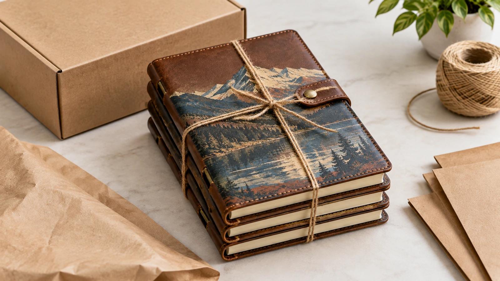 Illustrative Darstellung eines Stapels Notizbücher mit Bergmotiv, mit Schnur gebündelt, neben einem Karton und Packpapier
