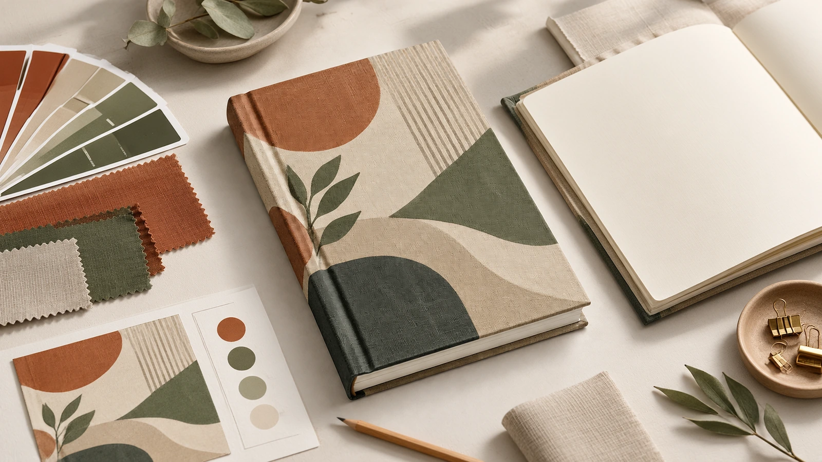 Designkonzept für ein Notizbuch mit Stoffeinband Beispielhaft gemustertes Notizbuch mit Stoffeinband und ein aufgeschlagenes leeres Notizbuch neben Stoffmustern und Farbreferenzen