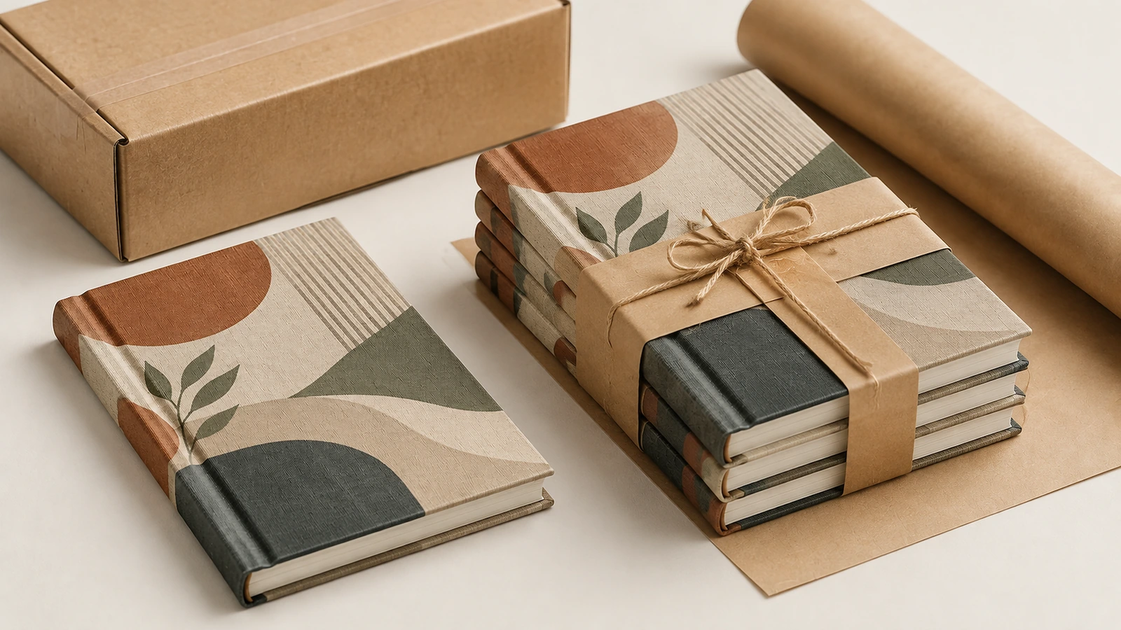 Notizbücher mit Kraftpapier-Verpackungsmaterial Beispielhafter Stapel Notizbücher mit Kraftpapierbändern und Schnur neben einem Karton und Packpapier