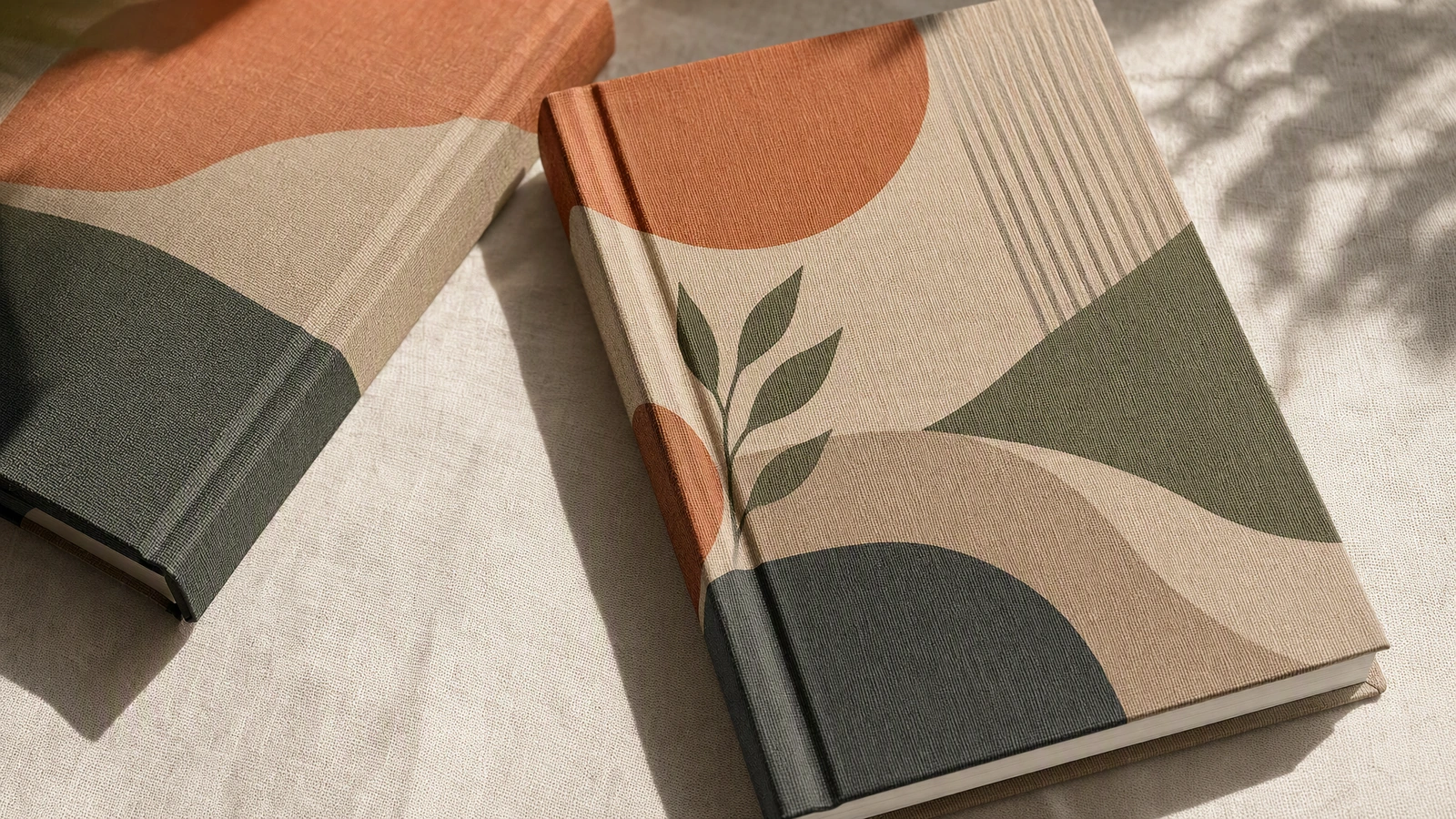 Notizbücher mit gemustertem Stoffeinband Beispielhafte gemusterte Hardcover-Notizbücher auf heller Textiloberfläche