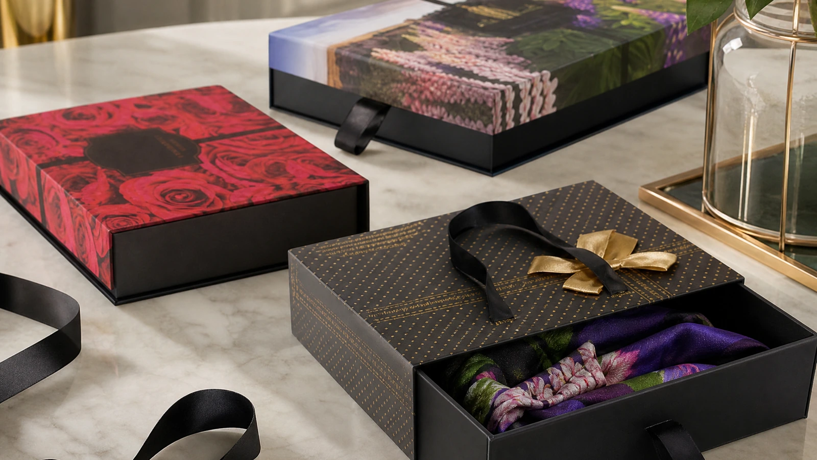 Verzierte Geschenkboxen im Schubladenstil Mit Blumenmuster und Band verzierte Boxen im Schubladenstil, einschließlich einer offenen Schale mit Stoff im Inneren