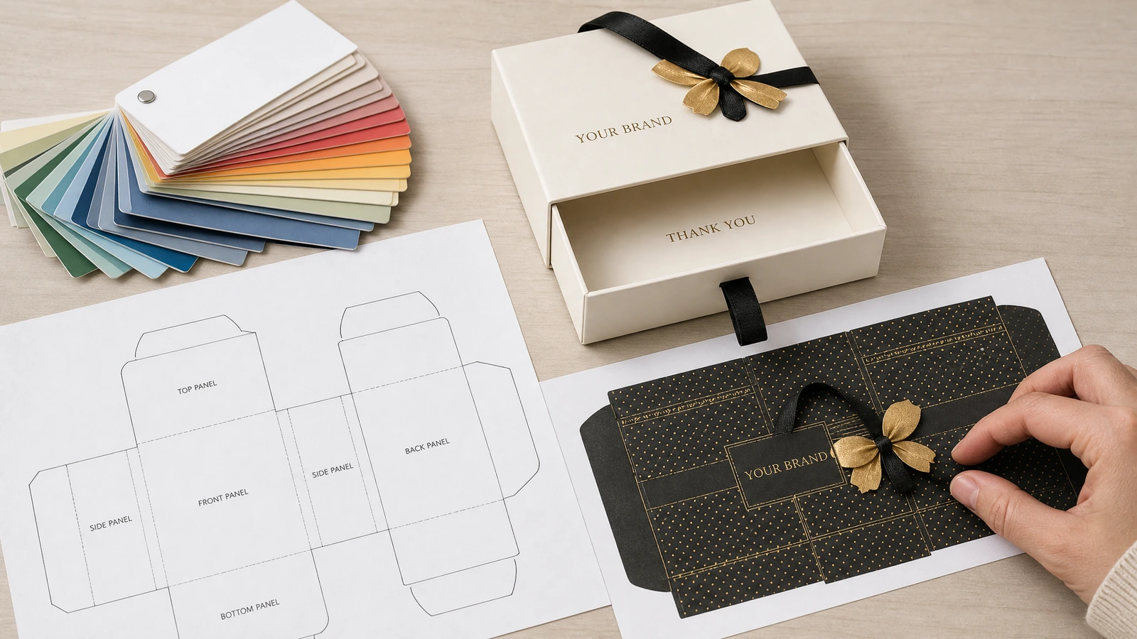 Gestaltungsvorlagen und Farbreferenzen für Geschenkboxen Konzept-Layout mit Farbmustern, einer flachen bedruckten Umhüllung und einer offenen Geschenkbox-Schale