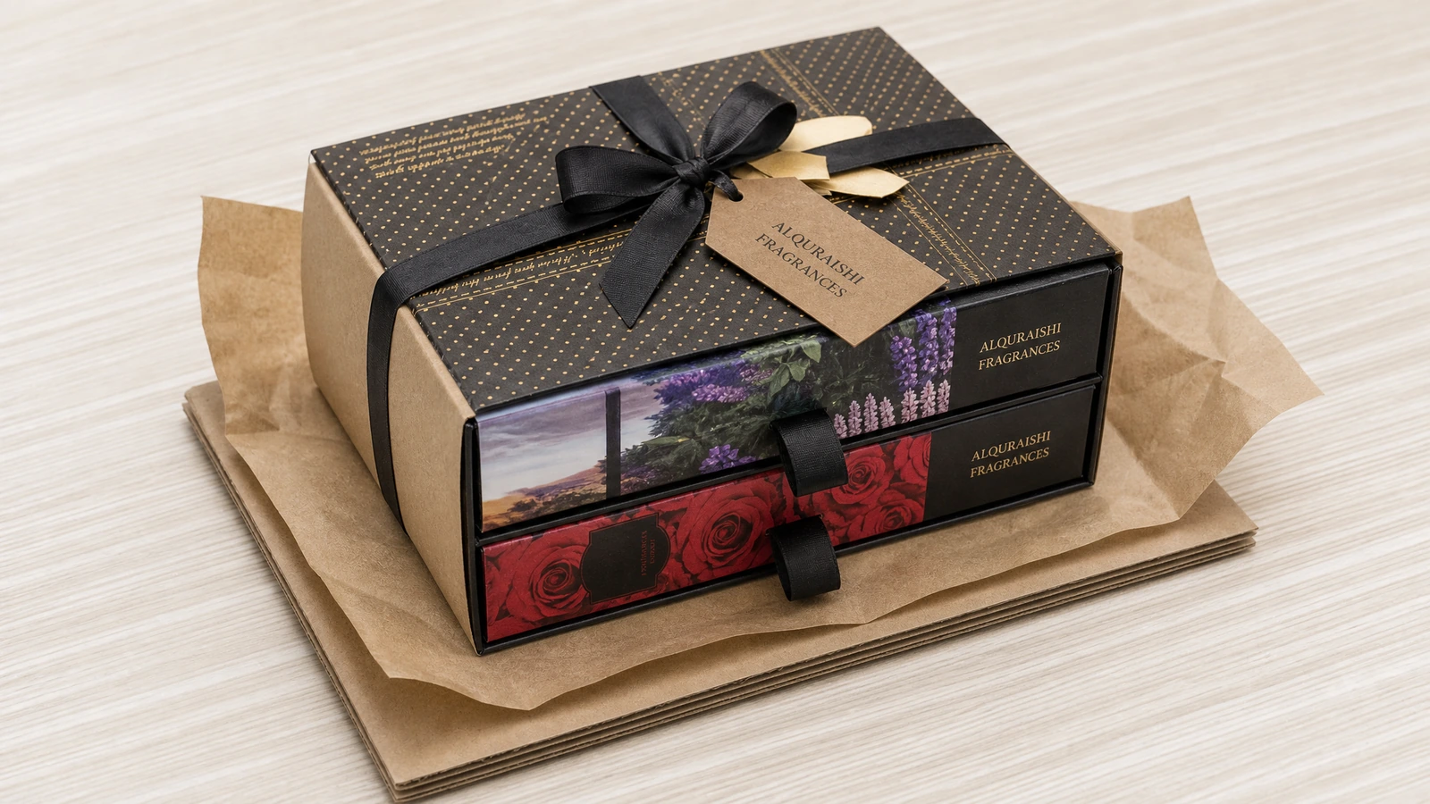 Gestapelte verzierte Geschenkboxen Drei Geschenkboxen im Schubladenstil, auf Kraftpapier gestapelt, mit Band und Geschenkanhänger