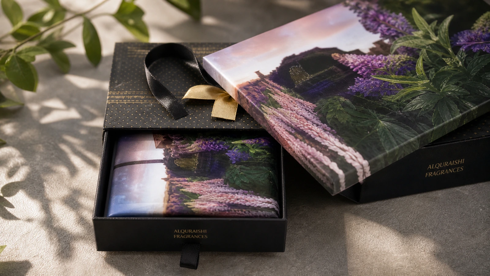Präsentation einer Geschenkbox mit Blumenmuster Offene Geschenkbox im Schubladenstil mit Blumenmuster und passendem bedrucktem Artikel im Inneren