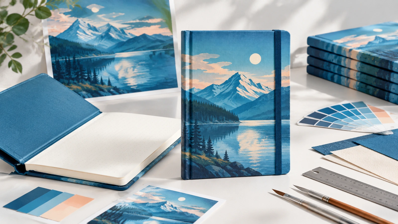 Illustration: Hardcover-Notizbücher mit Bergsee-Motiv neben bedruckter Gestaltung, Farbmustern und Designwerkzeugen