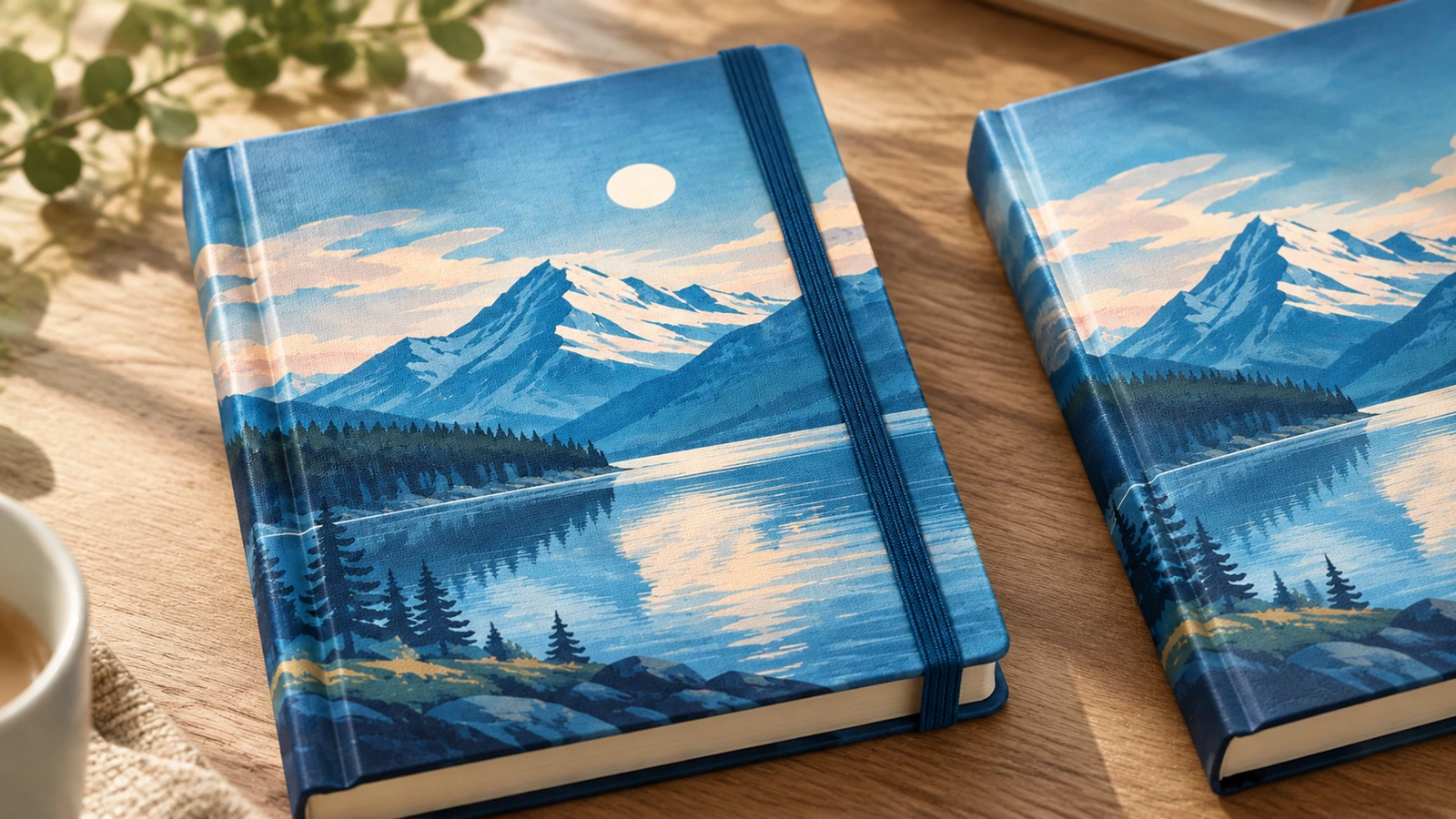 Illustration: Hardcover-Notizbücher mit Bergsee-Motiv auf einer Holztischplatte