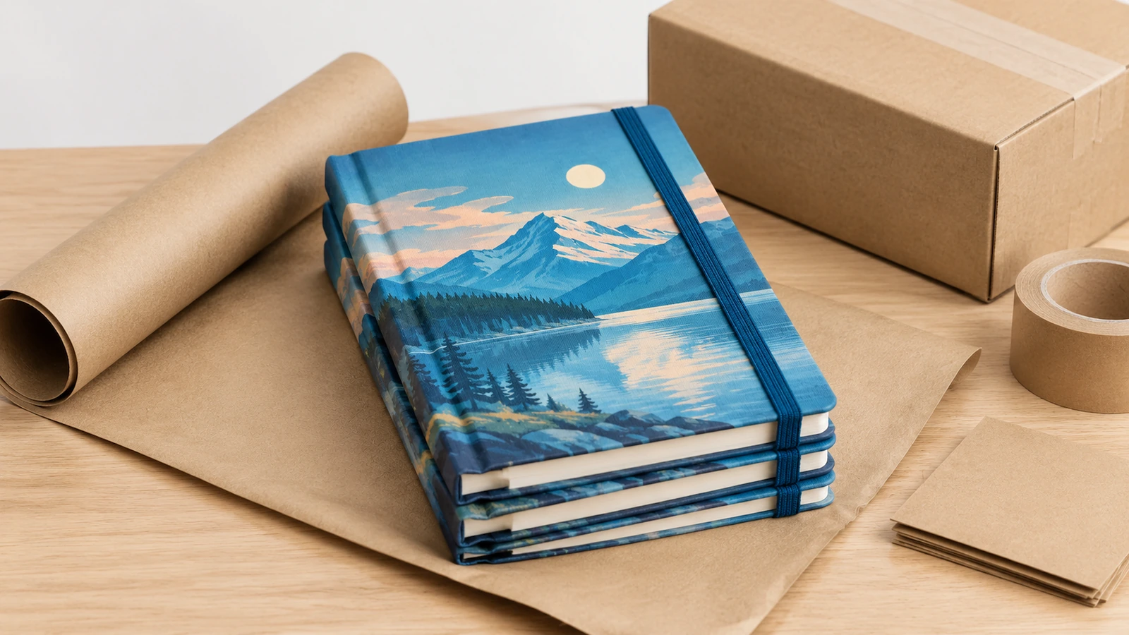 Illustration: Stapel von Notizbüchern mit Bergsee-Motiv neben einem Karton und Kraftpapier zum Verpacken